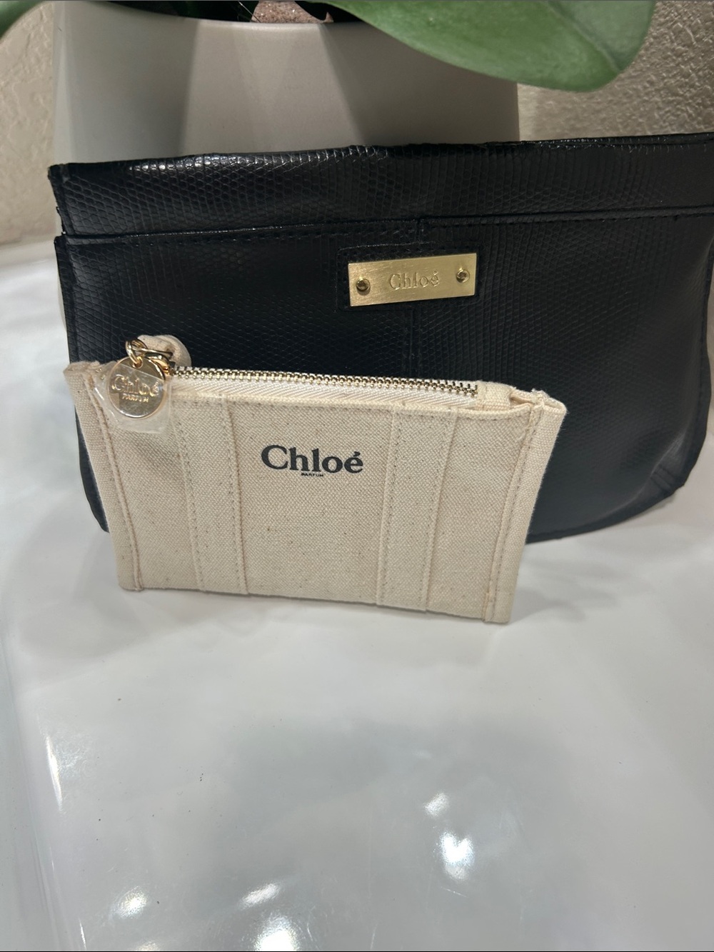 Chloé Cream Canvas Zip Card Pouch with Black Leather Clutch 2 piece bundle